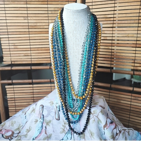 Extra Long Opera Length Faceted Beaded Glass Triple Strand Faux Pearls Necklace - Picture 7 of 7